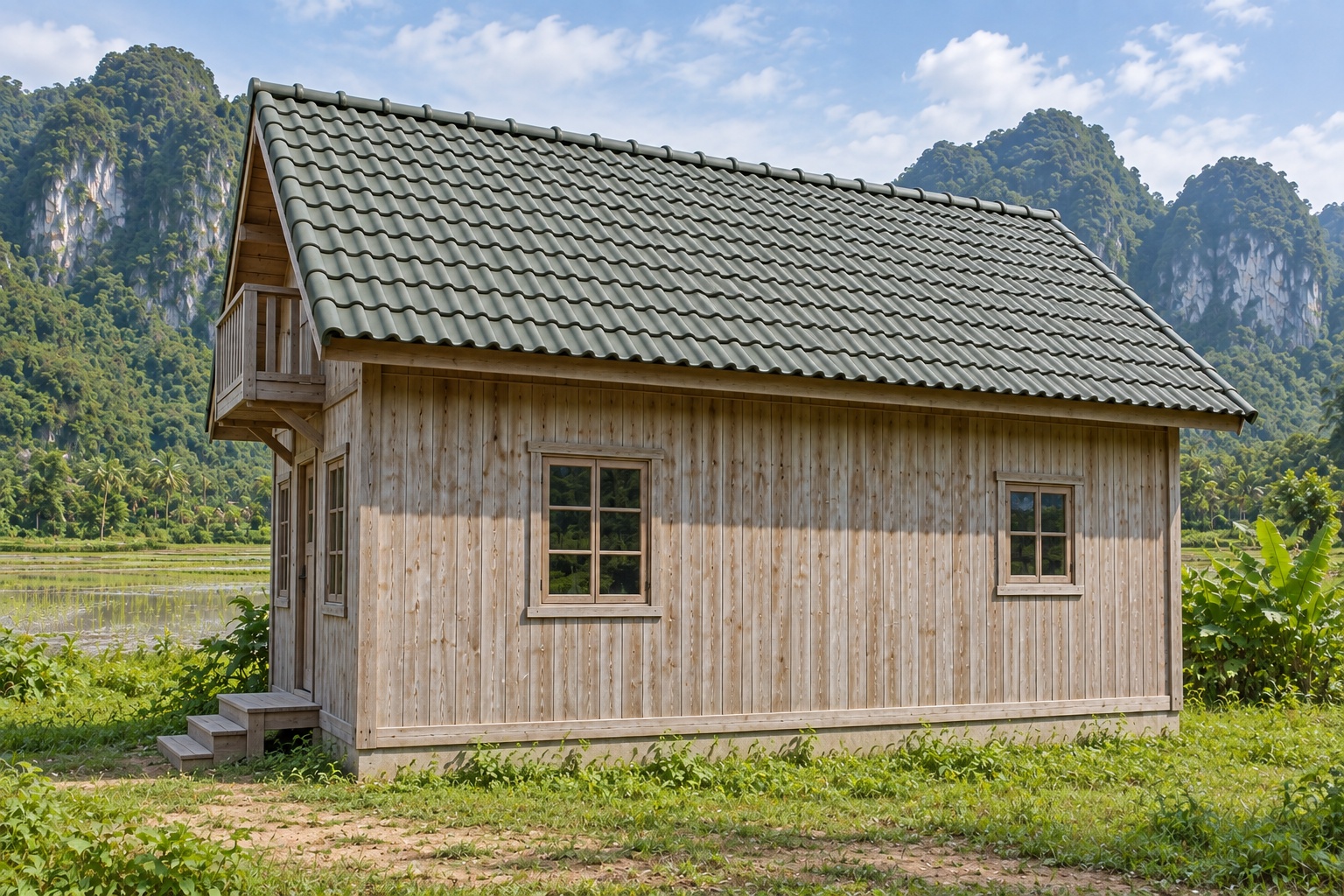 Nhà Gỗ Bungalow B31 - Đầu Hồi Quay Ra Trước Gác Ban Công Nhỏ, Gỗ Thông Màu Vintage Nhà Gỗ Bungalow B31 - Đầu Hồi Quay Ra Trước Gác Ban Công Nhỏ, Gỗ Thông Màu Vintage