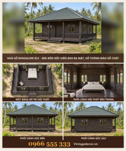 Nhà Gỗ Bungalow B32 - Mái Bốn Dốc Hiên Bao Ba Mặt, Gỗ Thông Màu Gỗ Cháy