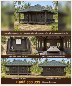 Nhà gỗ bungalow B32 hiên bao ba mặt – ảnh ghép mặt trước, mặt bằng, nội thất, góc bên, góc sau