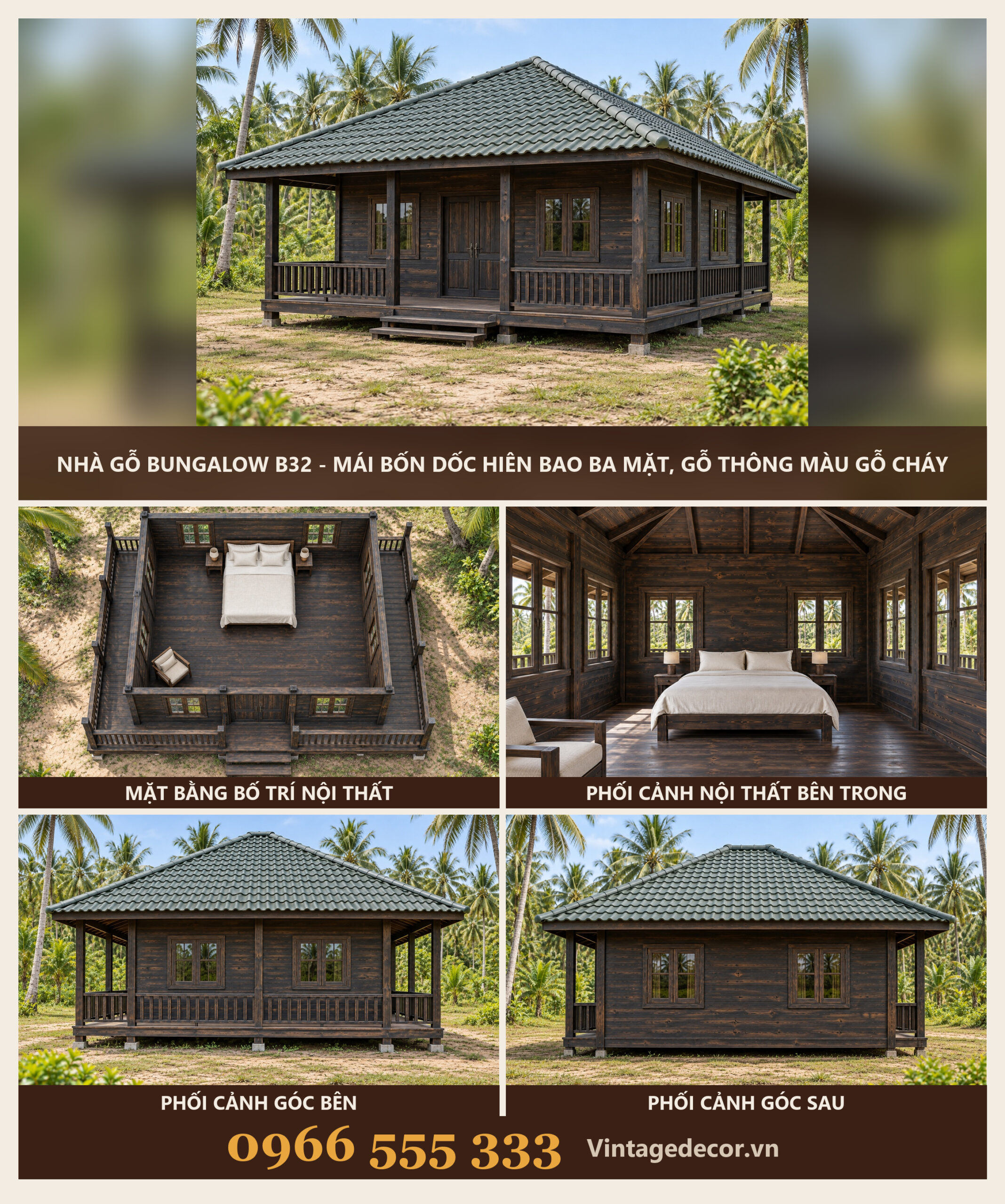Nhà Gỗ Bungalow B32 - Mái Bốn Dốc Hiên Bao Ba Mặt, Gỗ Thông Màu Gỗ Cháy Nhà Gỗ Bungalow B32 - Mái Bốn Dốc Hiên Bao Ba Mặt, Gỗ Thông Màu Gỗ Cháy