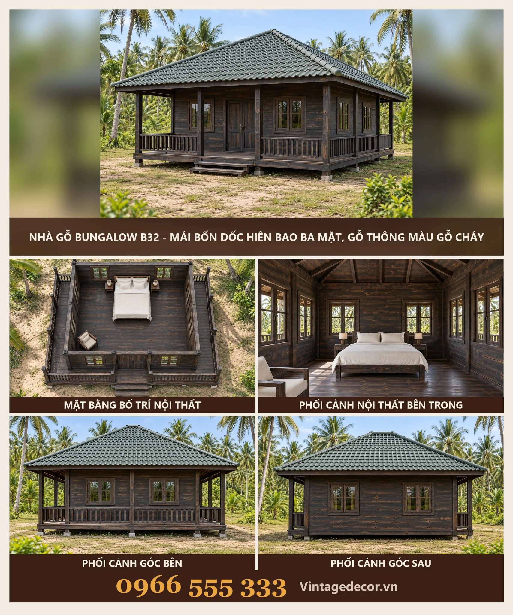 Nhà Gỗ Bungalow B32 Hiên Bao Ba Mặt