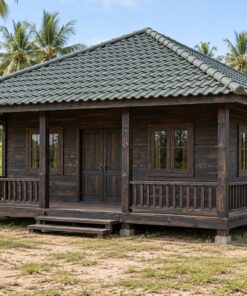 Nhà Gỗ Bungalow B32 - Mái Bốn Dốc Hiên Bao Ba Mặt, Gỗ Thông Màu Gỗ Cháy