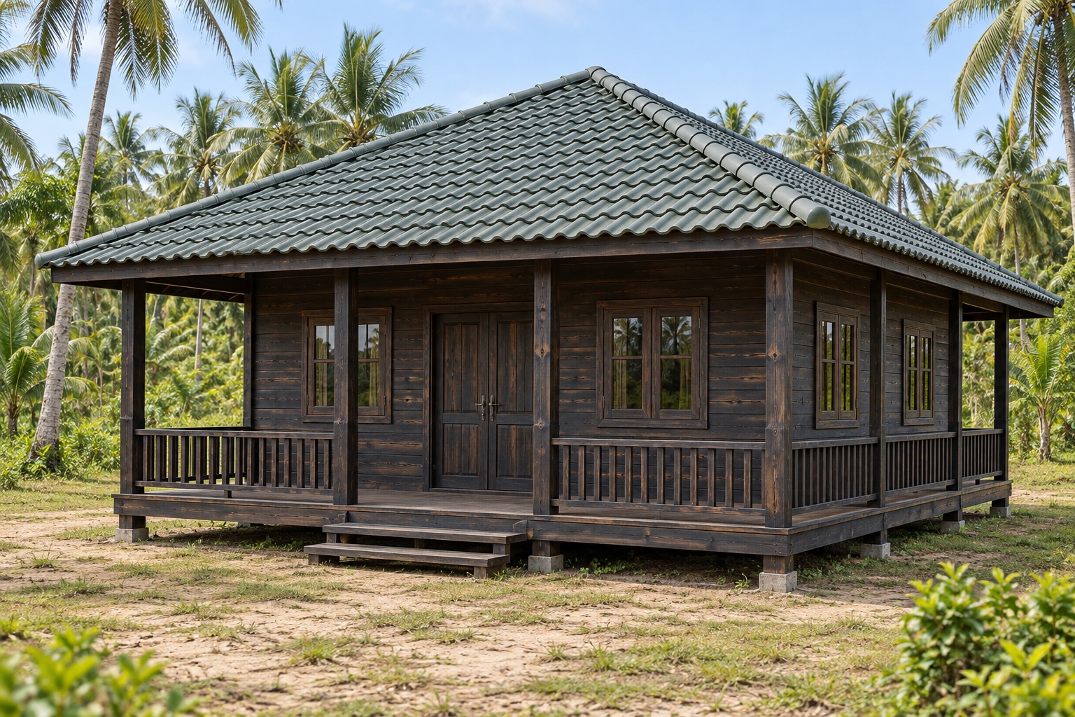 Nhà Gỗ Bungalow B32 - Mái Bốn Dốc Hiên Bao Ba Mặt, Gỗ Thông Màu Gỗ Cháy Nhà Gỗ Bungalow B32 - Mái Bốn Dốc Hiên Bao Ba Mặt, Gỗ Thông Màu Gỗ Cháy