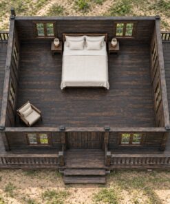 Nhà Gỗ Bungalow B32 - Mái Bốn Dốc Hiên Bao Ba Mặt, Gỗ Thông Màu Gỗ Cháy