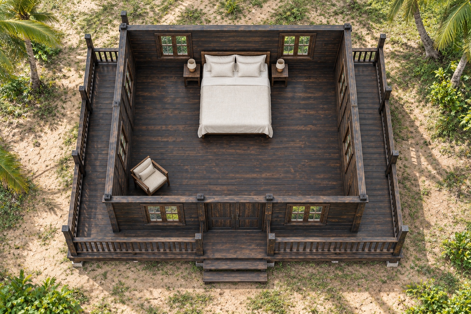 Nhà Gỗ Bungalow B32 - Mái Bốn Dốc Hiên Bao Ba Mặt, Gỗ Thông Màu Gỗ Cháy Nhà Gỗ Bungalow B32 - Mái Bốn Dốc Hiên Bao Ba Mặt, Gỗ Thông Màu Gỗ Cháy