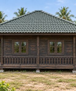 Nhà Gỗ Bungalow B32 - Mái Bốn Dốc Hiên Bao Ba Mặt, Gỗ Thông Màu Gỗ Cháy