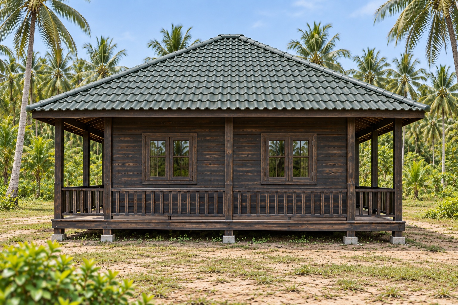 Nhà Gỗ Bungalow B32 - Mái Bốn Dốc Hiên Bao Ba Mặt, Gỗ Thông Màu Gỗ Cháy Nhà Gỗ Bungalow B32 - Mái Bốn Dốc Hiên Bao Ba Mặt, Gỗ Thông Màu Gỗ Cháy