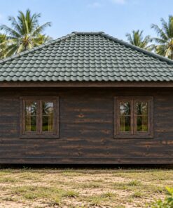 Nhà Gỗ Bungalow B32 - Mái Bốn Dốc Hiên Bao Ba Mặt, Gỗ Thông Màu Gỗ Cháy