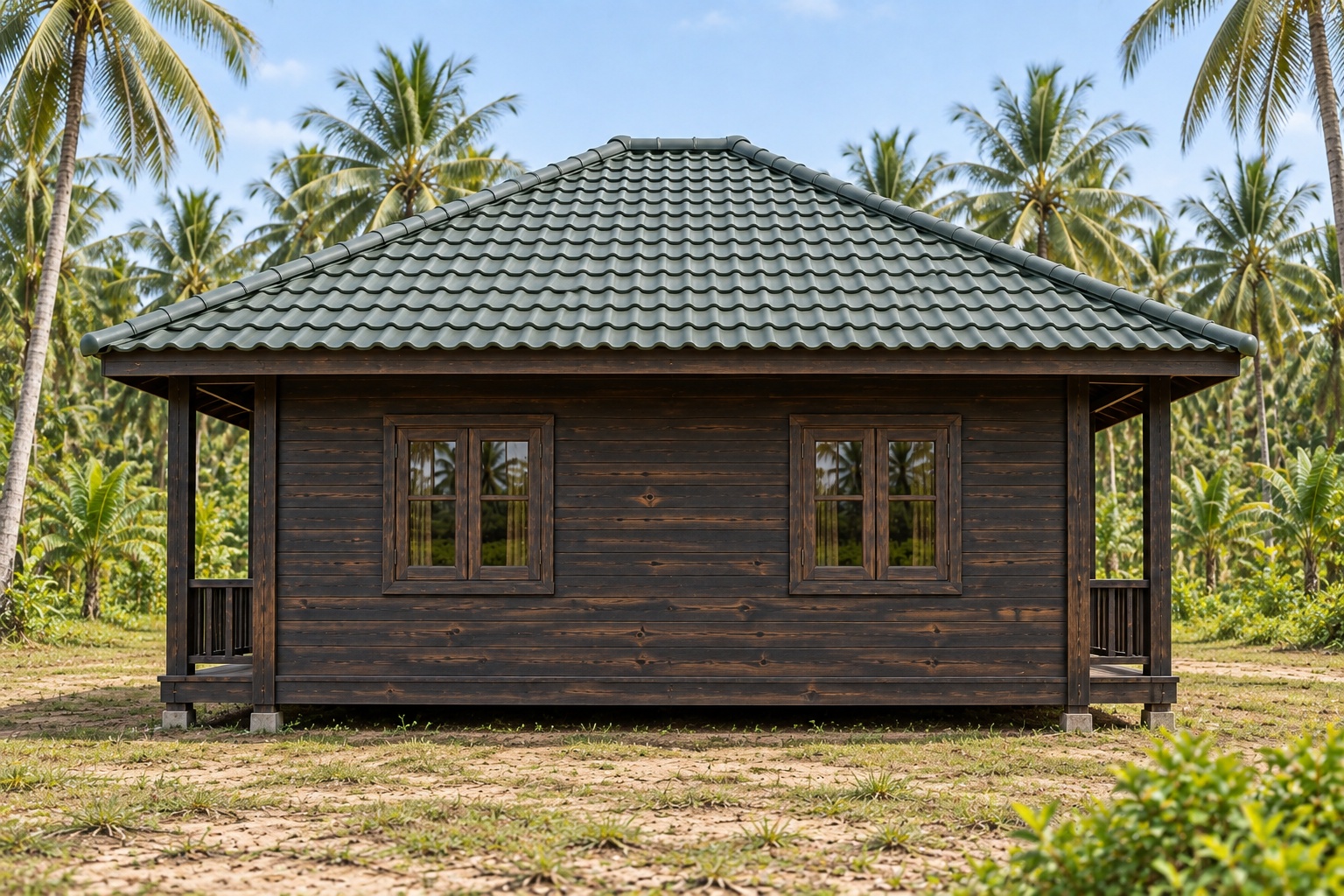 Nhà Gỗ Bungalow B32 - Mái Bốn Dốc Hiên Bao Ba Mặt, Gỗ Thông Màu Gỗ Cháy Nhà Gỗ Bungalow B32 - Mái Bốn Dốc Hiên Bao Ba Mặt, Gỗ Thông Màu Gỗ Cháy