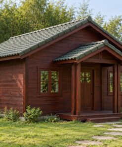 Nhà Gỗ Bungalow B33 - Đầu Hồi Có Mái Hiên Nhỏ Cột Đôi, Gỗ Thông Màu Nâu Đỏ