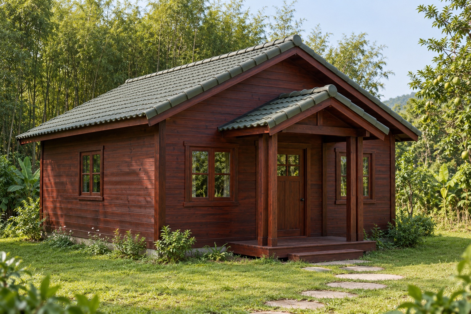 Nhà Gỗ Bungalow B33 - Đầu Hồi Có Mái Hiên Nhỏ Cột Đôi, Gỗ Thông Màu Nâu Đỏ Nhà Gỗ Bungalow B33 - Đầu Hồi Có Mái Hiên Nhỏ Cột Đôi, Gỗ Thông Màu Nâu Đỏ