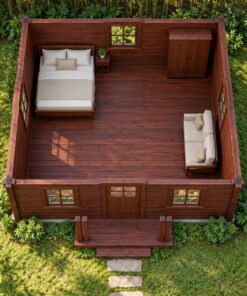 Nhà Gỗ Bungalow B33 - Đầu Hồi Có Mái Hiên Nhỏ Cột Đôi, Gỗ Thông Màu Nâu Đỏ