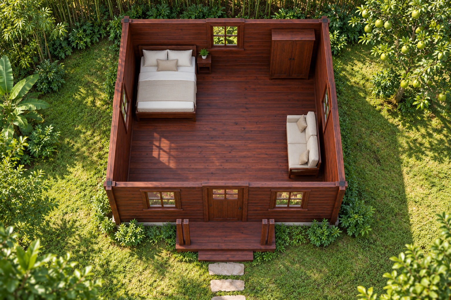 Nhà Gỗ Bungalow B33 - Đầu Hồi Có Mái Hiên Nhỏ Cột Đôi, Gỗ Thông Màu Nâu Đỏ Nhà Gỗ Bungalow B33 - Đầu Hồi Có Mái Hiên Nhỏ Cột Đôi, Gỗ Thông Màu Nâu Đỏ