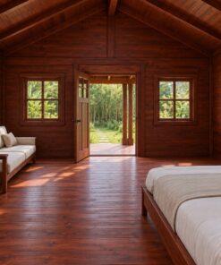 Nhà Gỗ Bungalow B33 - Đầu Hồi Có Mái Hiên Nhỏ Cột Đôi, Gỗ Thông Màu Nâu Đỏ