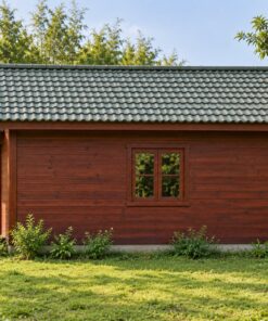 Nhà Gỗ Bungalow B33 - Đầu Hồi Có Mái Hiên Nhỏ Cột Đôi, Gỗ Thông Màu Nâu Đỏ