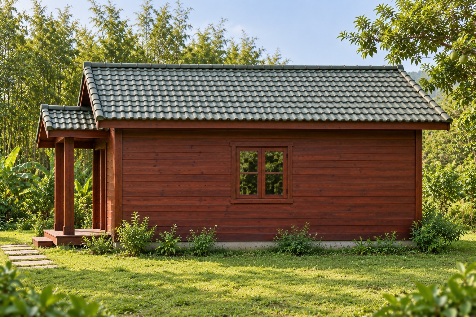 Nhà Gỗ Bungalow B33 - Đầu Hồi Có Mái Hiên Nhỏ Cột Đôi, Gỗ Thông Màu Nâu Đỏ Nhà Gỗ Bungalow B33 - Đầu Hồi Có Mái Hiên Nhỏ Cột Đôi, Gỗ Thông Màu Nâu Đỏ