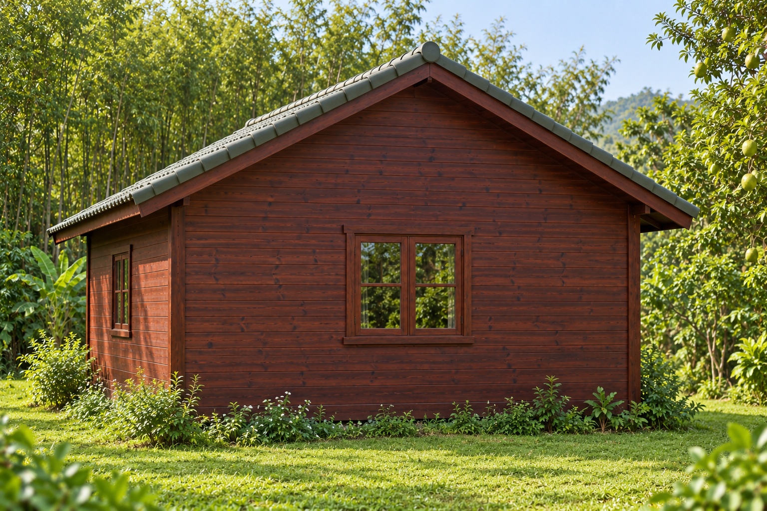 Nhà Gỗ Bungalow B33 - Đầu Hồi Có Mái Hiên Nhỏ Cột Đôi, Gỗ Thông Màu Nâu Đỏ Nhà Gỗ Bungalow B33 - Đầu Hồi Có Mái Hiên Nhỏ Cột Đôi, Gỗ Thông Màu Nâu Đỏ