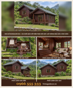 Nhà Gỗ Bungalow B34 - Hai Khối Lệch Cốt Nền Theo Dốc Đất, Gỗ Thông Màu Nâu Cánh Gián