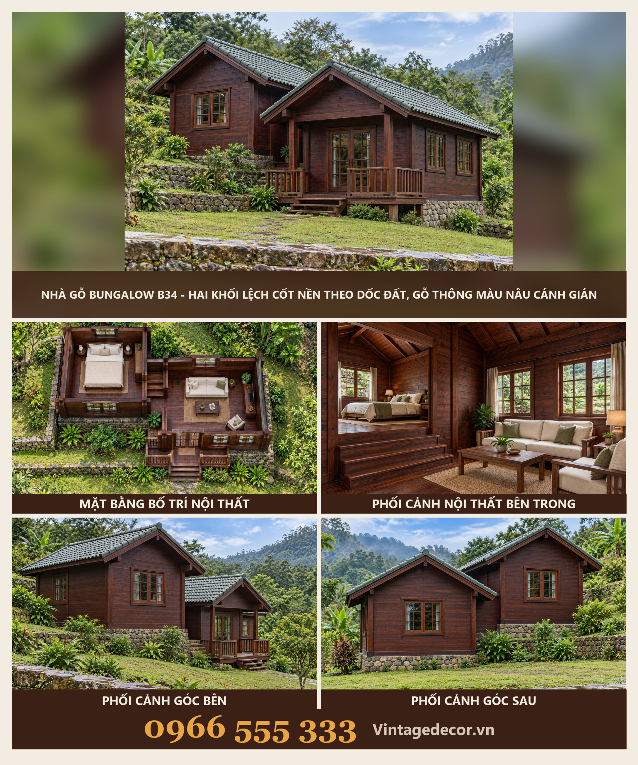 Nhà Gỗ Bungalow B34 - Hai Khối Lệch Cốt Nền Theo Dốc Đất, Gỗ Thông Màu Nâu Cánh Gián Nhà Gỗ Bungalow B34 - Hai Khối Lệch Cốt Nền Theo Dốc Đất, Gỗ Thông Màu Nâu Cánh Gián