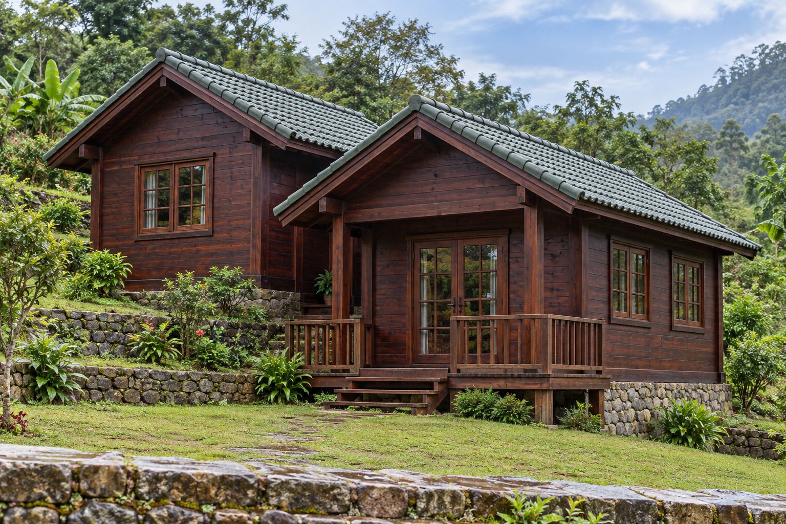 Nhà Gỗ Bungalow B34 - Hai Khối Lệch Cốt Nền Theo Dốc Đất, Gỗ Thông Màu Nâu Cánh Gián Nhà Gỗ Bungalow B34 - Hai Khối Lệch Cốt Nền Theo Dốc Đất, Gỗ Thông Màu Nâu Cánh Gián