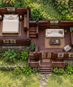 Nhà Gỗ Bungalow B34 - Hai Khối Lệch Cốt Nền Theo Dốc Đất, Gỗ Thông Màu Nâu Cánh Gián