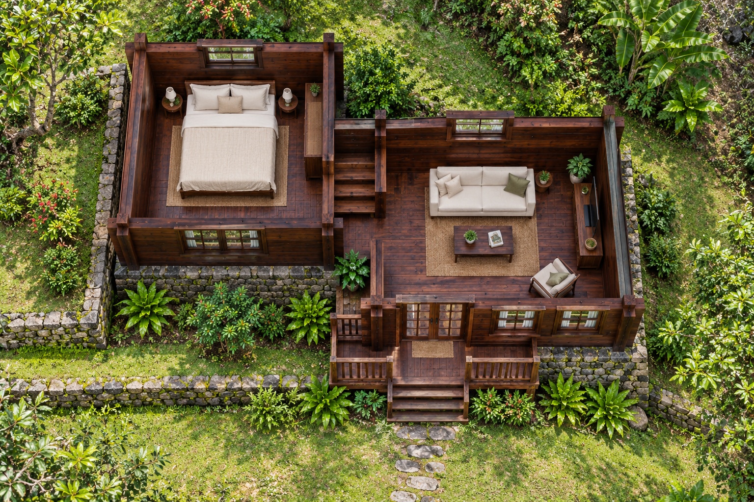 Nhà Gỗ Bungalow B34 - Hai Khối Lệch Cốt Nền Theo Dốc Đất, Gỗ Thông Màu Nâu Cánh Gián Nhà Gỗ Bungalow B34 - Hai Khối Lệch Cốt Nền Theo Dốc Đất, Gỗ Thông Màu Nâu Cánh Gián