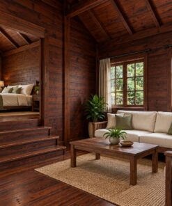 Nhà Gỗ Bungalow B34 - Hai Khối Lệch Cốt Nền Theo Dốc Đất, Gỗ Thông Màu Nâu Cánh Gián