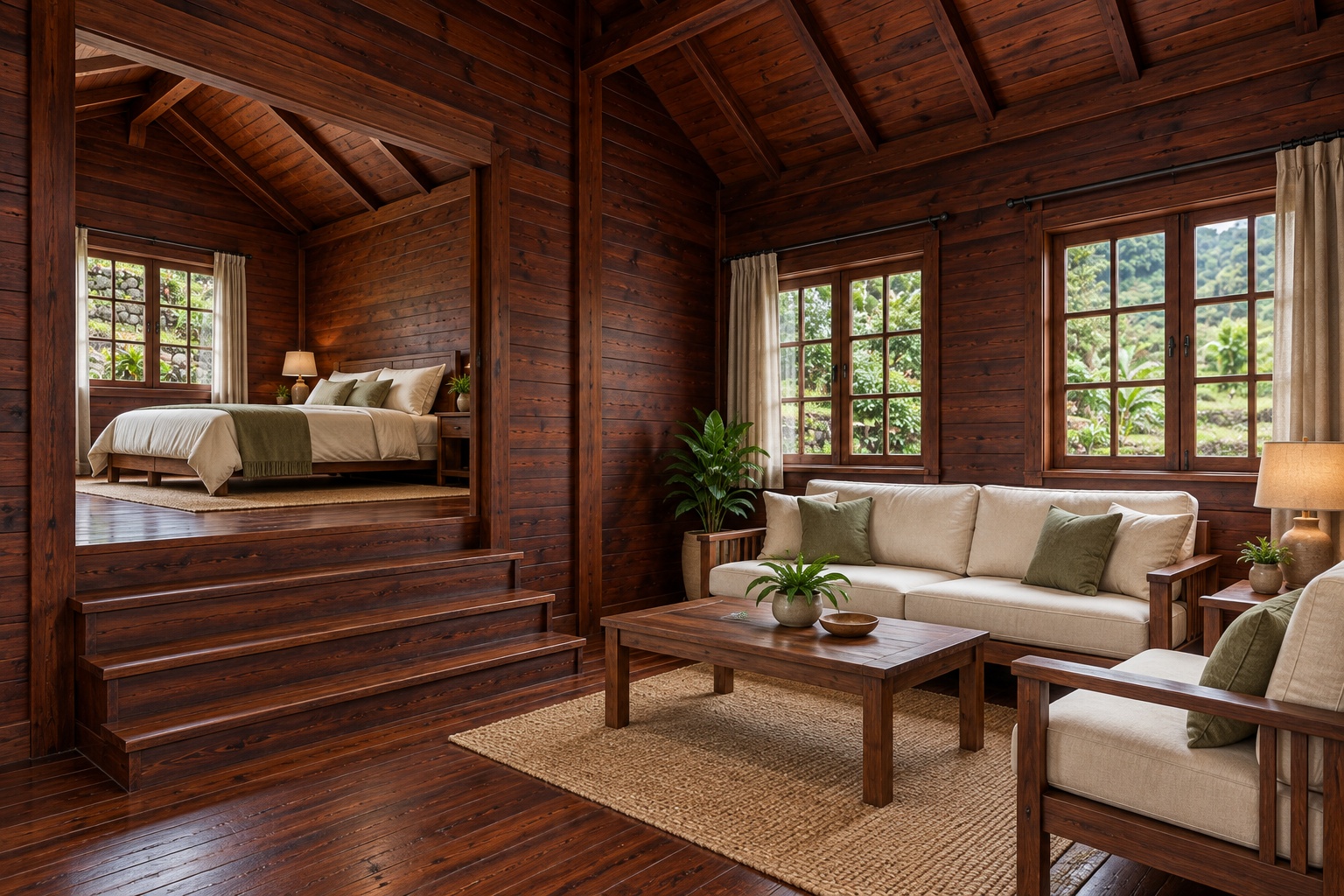 Nhà Gỗ Bungalow B34 - Hai Khối Lệch Cốt Nền Theo Dốc Đất, Gỗ Thông Màu Nâu Cánh Gián Nhà Gỗ Bungalow B34 - Hai Khối Lệch Cốt Nền Theo Dốc Đất, Gỗ Thông Màu Nâu Cánh Gián