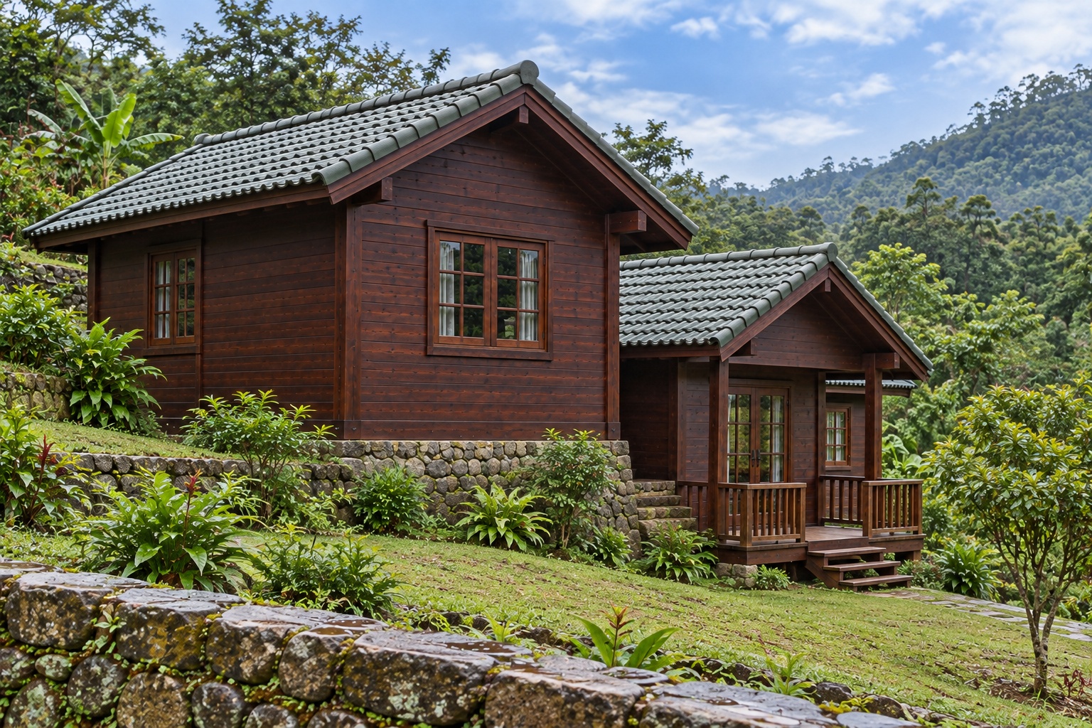 Nhà Gỗ Bungalow B34 - Hai Khối Lệch Cốt Nền Theo Dốc Đất, Gỗ Thông Màu Nâu Cánh Gián Nhà Gỗ Bungalow B34 - Hai Khối Lệch Cốt Nền Theo Dốc Đất, Gỗ Thông Màu Nâu Cánh Gián