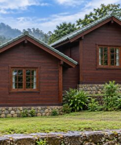 Nhà Gỗ Bungalow B34 - Hai Khối Lệch Cốt Nền Theo Dốc Đất, Gỗ Thông Màu Nâu Cánh Gián