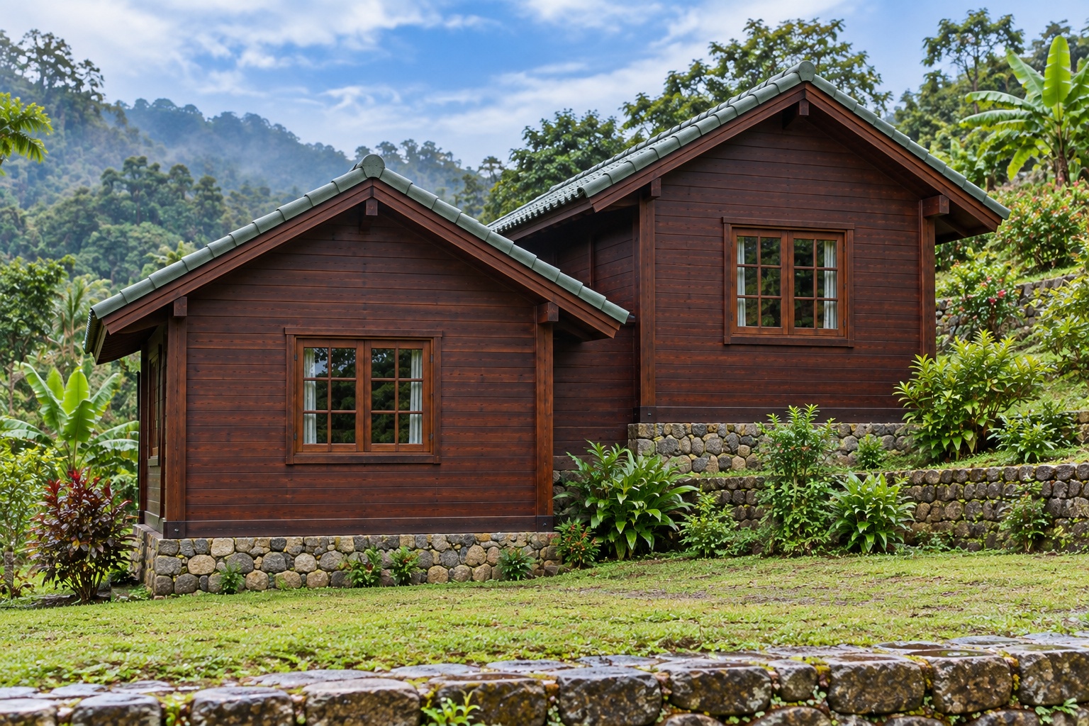 Nhà Gỗ Bungalow B34 - Hai Khối Lệch Cốt Nền Theo Dốc Đất, Gỗ Thông Màu Nâu Cánh Gián Nhà Gỗ Bungalow B34 - Hai Khối Lệch Cốt Nền Theo Dốc Đất, Gỗ Thông Màu Nâu Cánh Gián