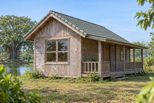 Nhà Gỗ Bungalow B35 - Hiên Bên Hông Lối Vào Cạnh Dài, Gỗ Thông Màu Vintage Bungalow B35 – đầu hồi cửa sổ lớn bốn ô, hiên có mái và lan can dọc cạnh dài, hồ nước