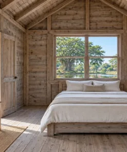 Bungalow B35 – bên trong giường đôi dưới ô kính lớn nhìn ra hồ, cửa mở ra hiên hông