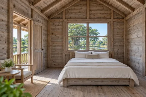 Nhà Gỗ Bungalow B35 - Hiên Bên Hông Lối Vào Cạnh Dài, Gỗ Thông Màu Vintage Bungalow B35 – bên trong giường đôi dưới ô kính lớn nhìn ra hồ, cửa mở ra hiên hông