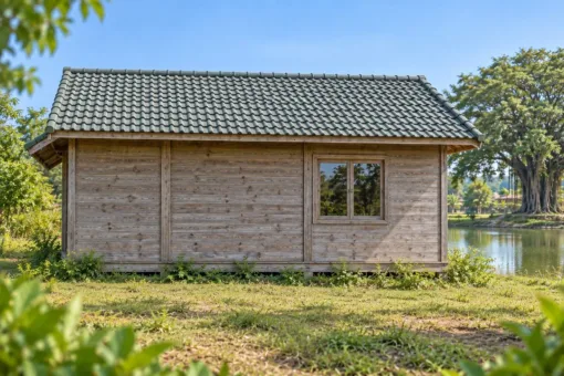 Nhà Gỗ Bungalow B35 - Hiên Bên Hông Lối Vào Cạnh Dài, Gỗ Thông Màu Vintage Bungalow B35 – cạnh dài phía sau một cửa sổ, vách ván ngang tông bạc