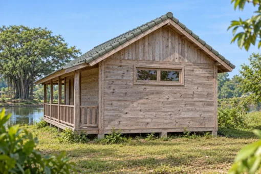 Nhà Gỗ Bungalow B35 - Hiên Bên Hông Lối Vào Cạnh Dài, Gỗ Thông Màu Vintage Bungalow B35 – đầu hồi sau cửa sổ ngang nhỏ đặt cao, góc hiên có lan can