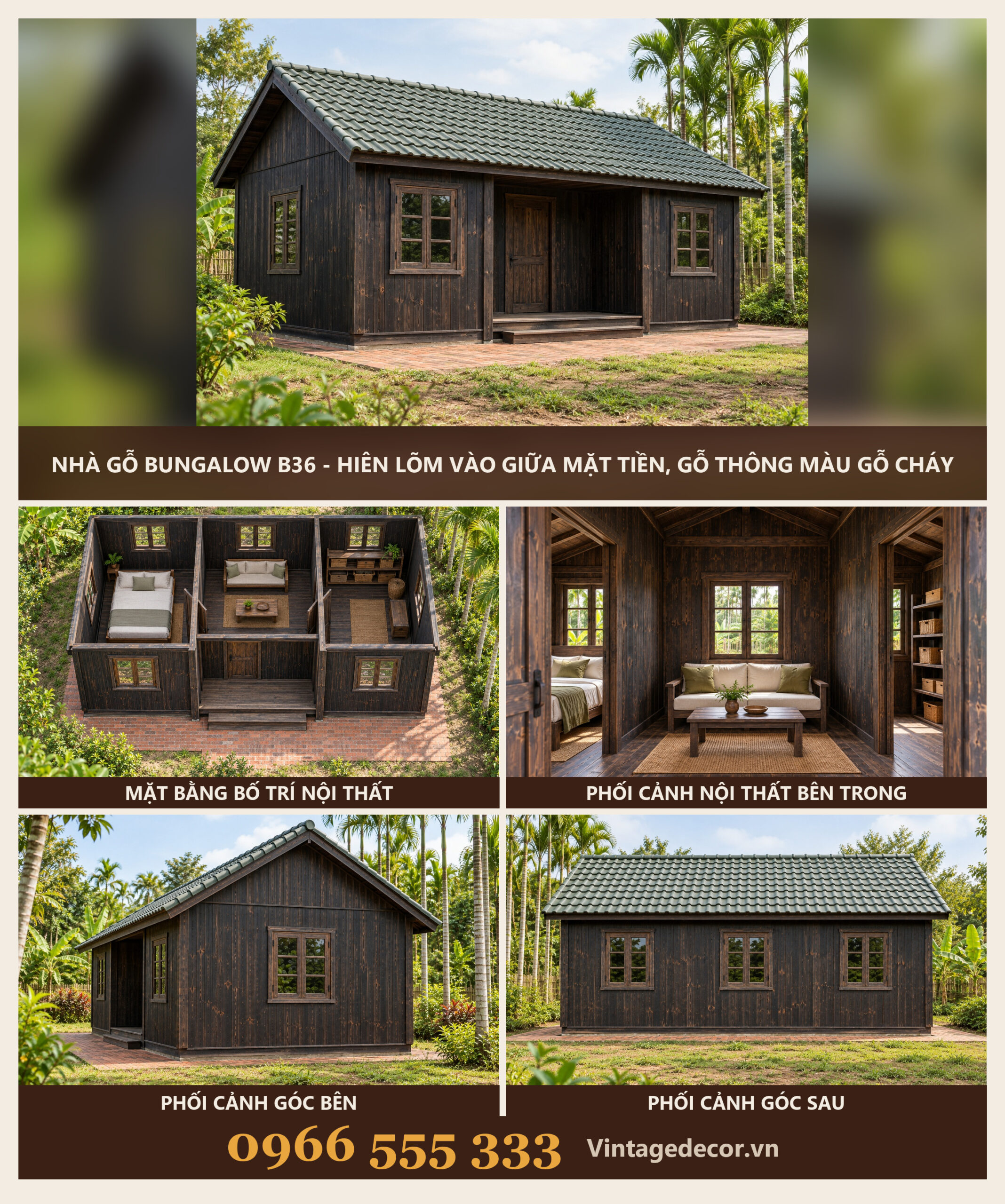 Nhà Gỗ Bungalow B36 - Hiên Lõm Vào Giữa Mặt Tiền, Gỗ Thông Màu Gỗ Cháy Nhà Gỗ Bungalow B36 - Hiên Lõm Vào Giữa Mặt Tiền, Gỗ Thông Màu Gỗ Cháy