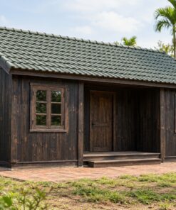 Nhà Gỗ Bungalow B36 - Hiên Lõm Vào Giữa Mặt Tiền, Gỗ Thông Màu Gỗ Cháy