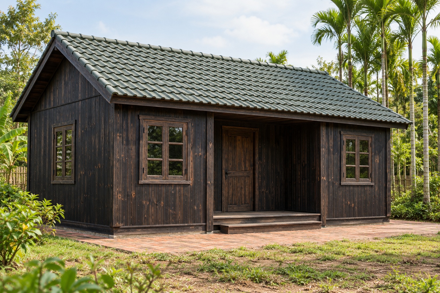 Nhà Gỗ Bungalow B36 - Hiên Lõm Vào Giữa Mặt Tiền, Gỗ Thông Màu Gỗ Cháy Nhà Gỗ Bungalow B36 - Hiên Lõm Vào Giữa Mặt Tiền, Gỗ Thông Màu Gỗ Cháy