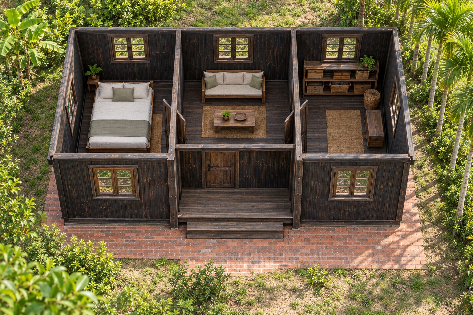 Nhà Gỗ Bungalow B36 - Hiên Lõm Vào Giữa Mặt Tiền, Gỗ Thông Màu Gỗ Cháy Nhà Gỗ Bungalow B36 - Hiên Lõm Vào Giữa Mặt Tiền, Gỗ Thông Màu Gỗ Cháy