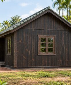 Nhà Gỗ Bungalow B36 - Hiên Lõm Vào Giữa Mặt Tiền, Gỗ Thông Màu Gỗ Cháy