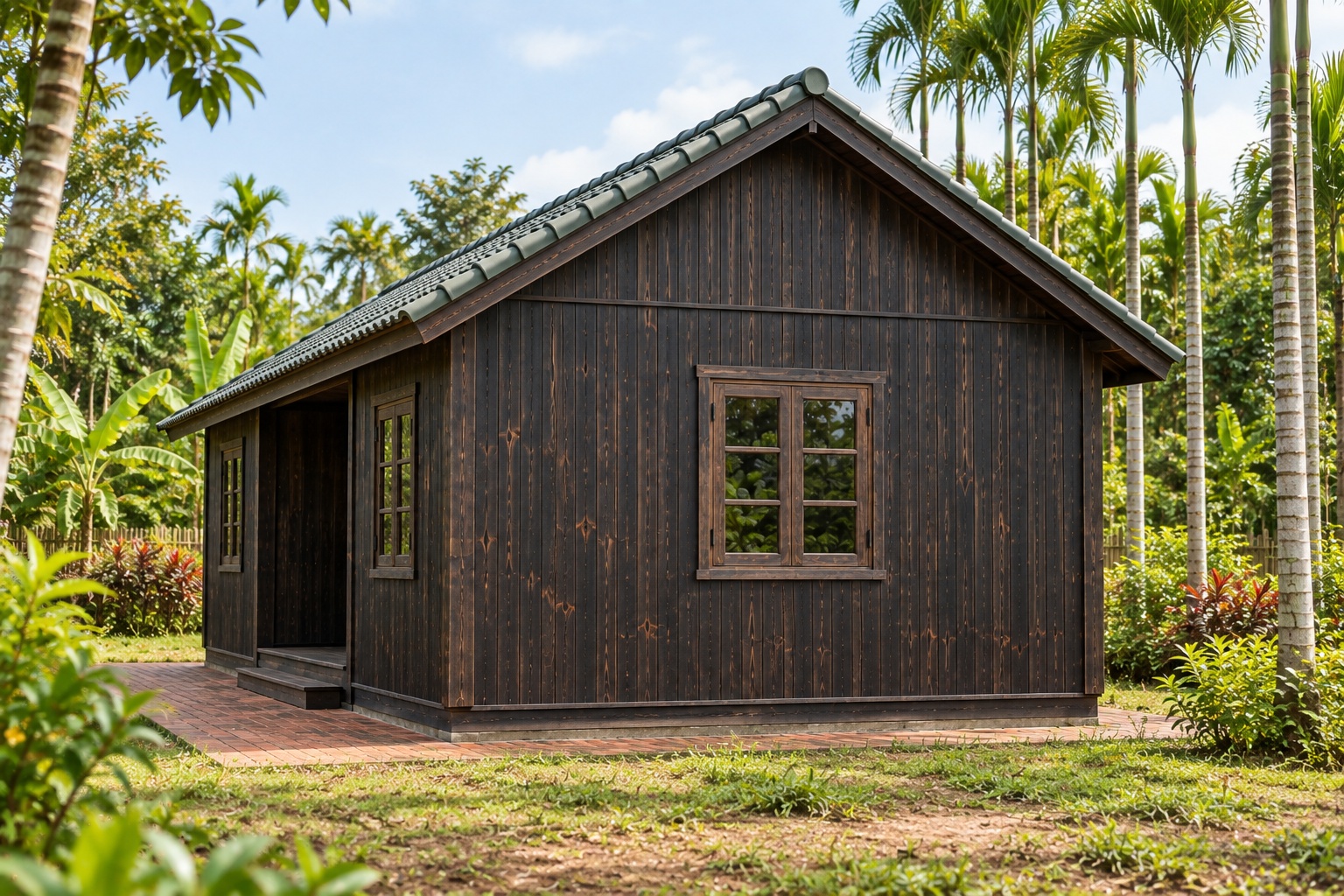 Nhà Gỗ Bungalow B36 - Hiên Lõm Vào Giữa Mặt Tiền, Gỗ Thông Màu Gỗ Cháy Nhà Gỗ Bungalow B36 - Hiên Lõm Vào Giữa Mặt Tiền, Gỗ Thông Màu Gỗ Cháy