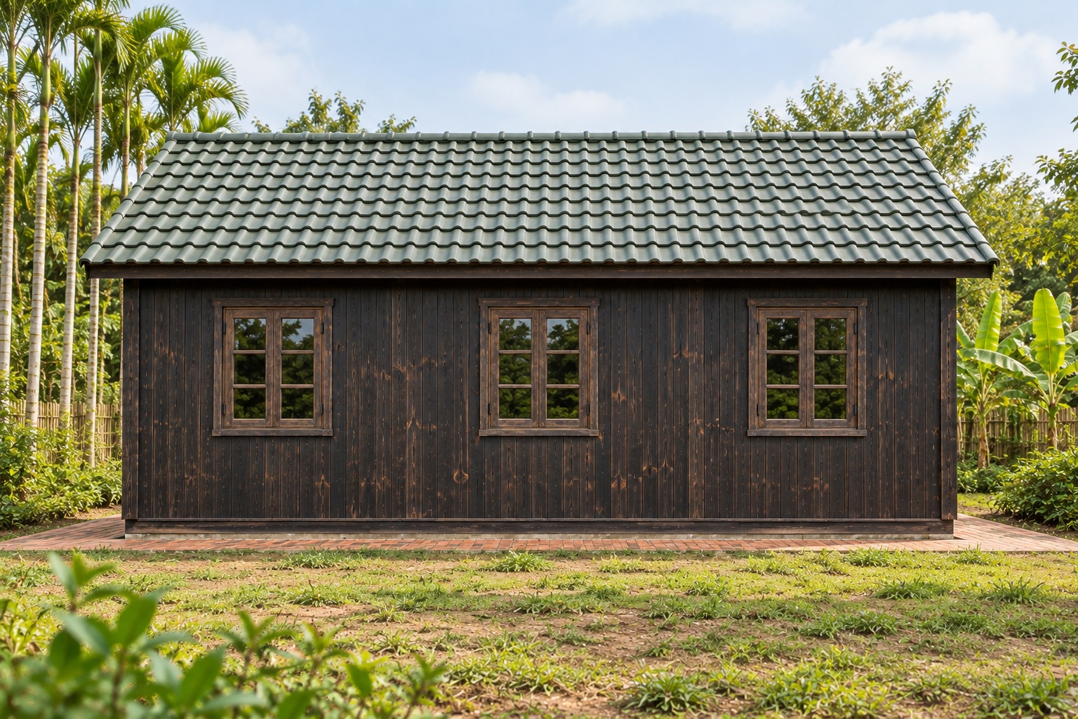 Nhà Gỗ Bungalow B36 - Hiên Lõm Vào Giữa Mặt Tiền, Gỗ Thông Màu Gỗ Cháy Nhà Gỗ Bungalow B36 - Hiên Lõm Vào Giữa Mặt Tiền, Gỗ Thông Màu Gỗ Cháy