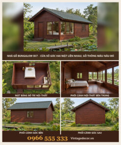 Nhà Gỗ Bungalow B37 - Cửa Sổ Góc Hai Mặt Liền Nhau, Gỗ Thông Màu Nâu Đỏ