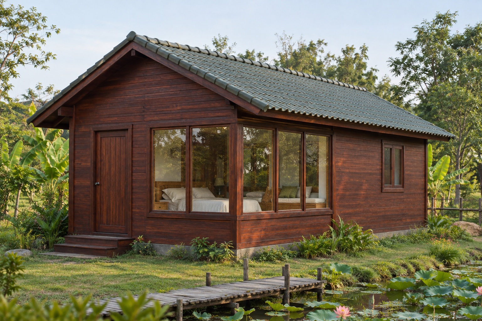 Nhà Gỗ Bungalow B37 - Cửa Sổ Góc Hai Mặt Liền Nhau, Gỗ Thông Màu Nâu Đỏ Nhà Gỗ Bungalow B37 - Cửa Sổ Góc Hai Mặt Liền Nhau, Gỗ Thông Màu Nâu Đỏ