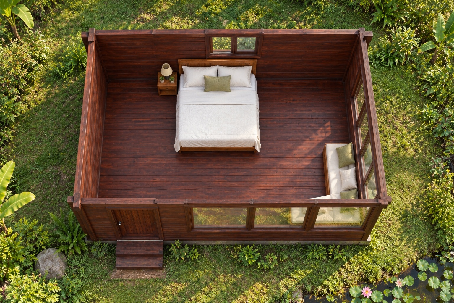 Nhà Gỗ Bungalow B37 - Cửa Sổ Góc Hai Mặt Liền Nhau, Gỗ Thông Màu Nâu Đỏ Nhà Gỗ Bungalow B37 - Cửa Sổ Góc Hai Mặt Liền Nhau, Gỗ Thông Màu Nâu Đỏ