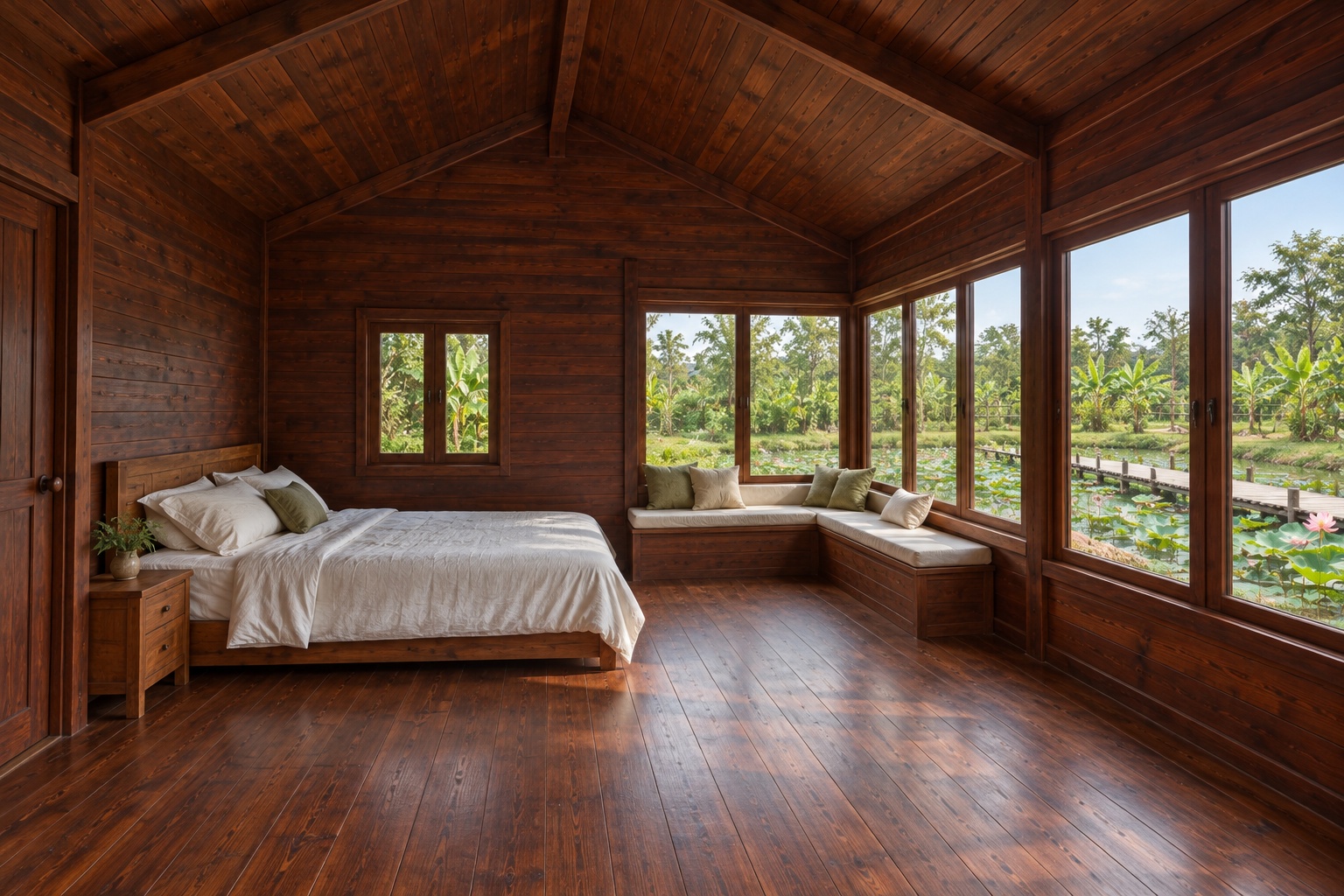 Nhà Gỗ Bungalow B37 - Cửa Sổ Góc Hai Mặt Liền Nhau, Gỗ Thông Màu Nâu Đỏ Nhà Gỗ Bungalow B37 - Cửa Sổ Góc Hai Mặt Liền Nhau, Gỗ Thông Màu Nâu Đỏ