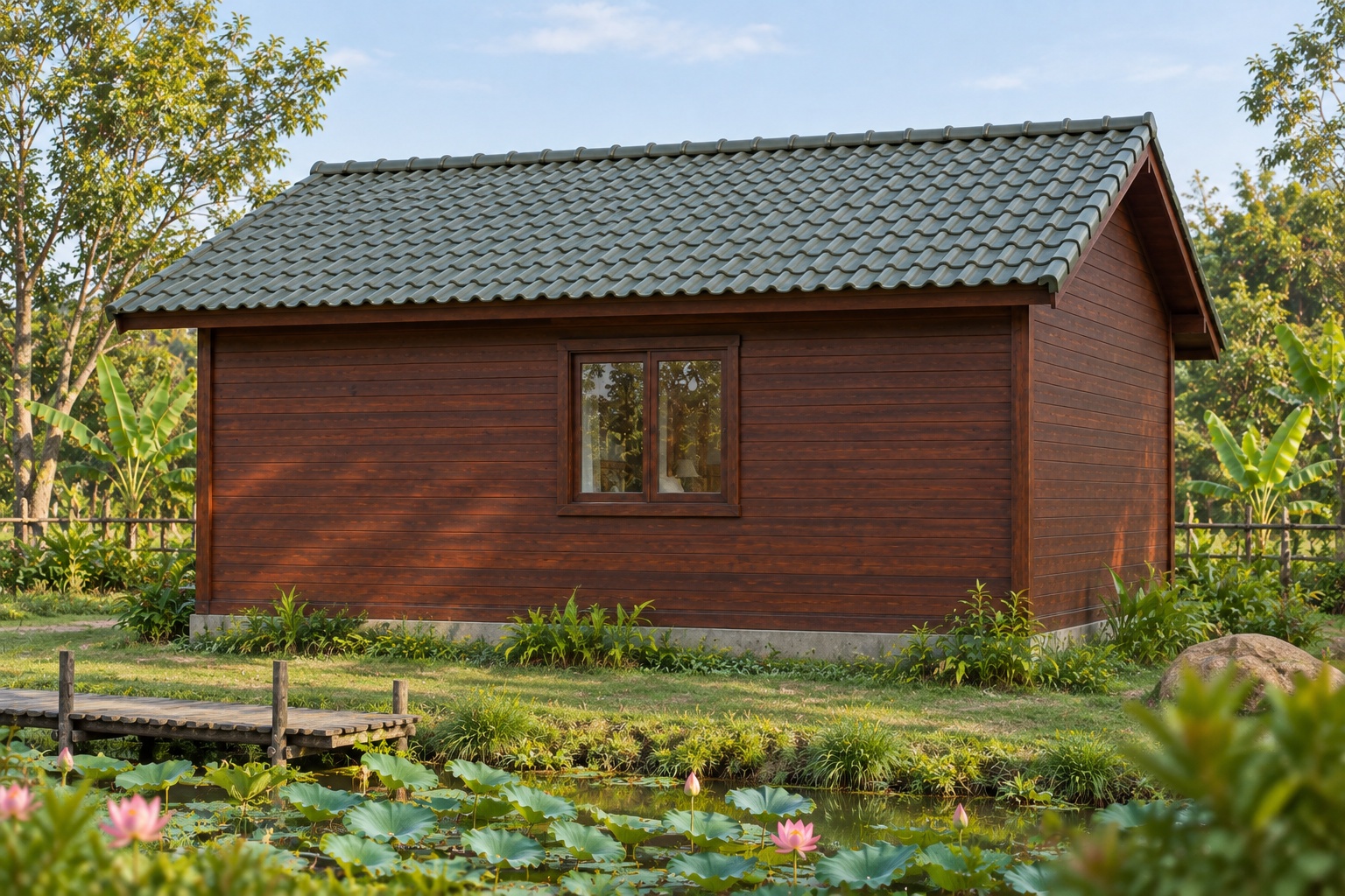 Nhà Gỗ Bungalow B37 - Cửa Sổ Góc Hai Mặt Liền Nhau, Gỗ Thông Màu Nâu Đỏ Nhà Gỗ Bungalow B37 - Cửa Sổ Góc Hai Mặt Liền Nhau, Gỗ Thông Màu Nâu Đỏ