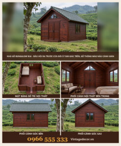Nhà Gỗ Bungalow B38 - Đầu Hồi Ra Trước Cửa Đôi Ô Tam Giác Trên, Gỗ Thông Màu Nâu Cánh Gián