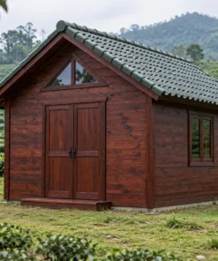 Nhà Gỗ Bungalow B38 - Đầu Hồi Ra Trước Cửa Đôi Ô Tam Giác Trên, Gỗ Thông Màu Nâu Cánh Gián